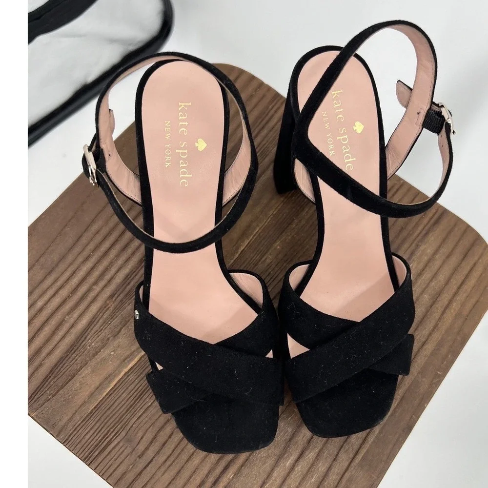 Kate Spade Delia Black Suede Platform Block Heel‎ Sandals Square Toe Strap 7.5B